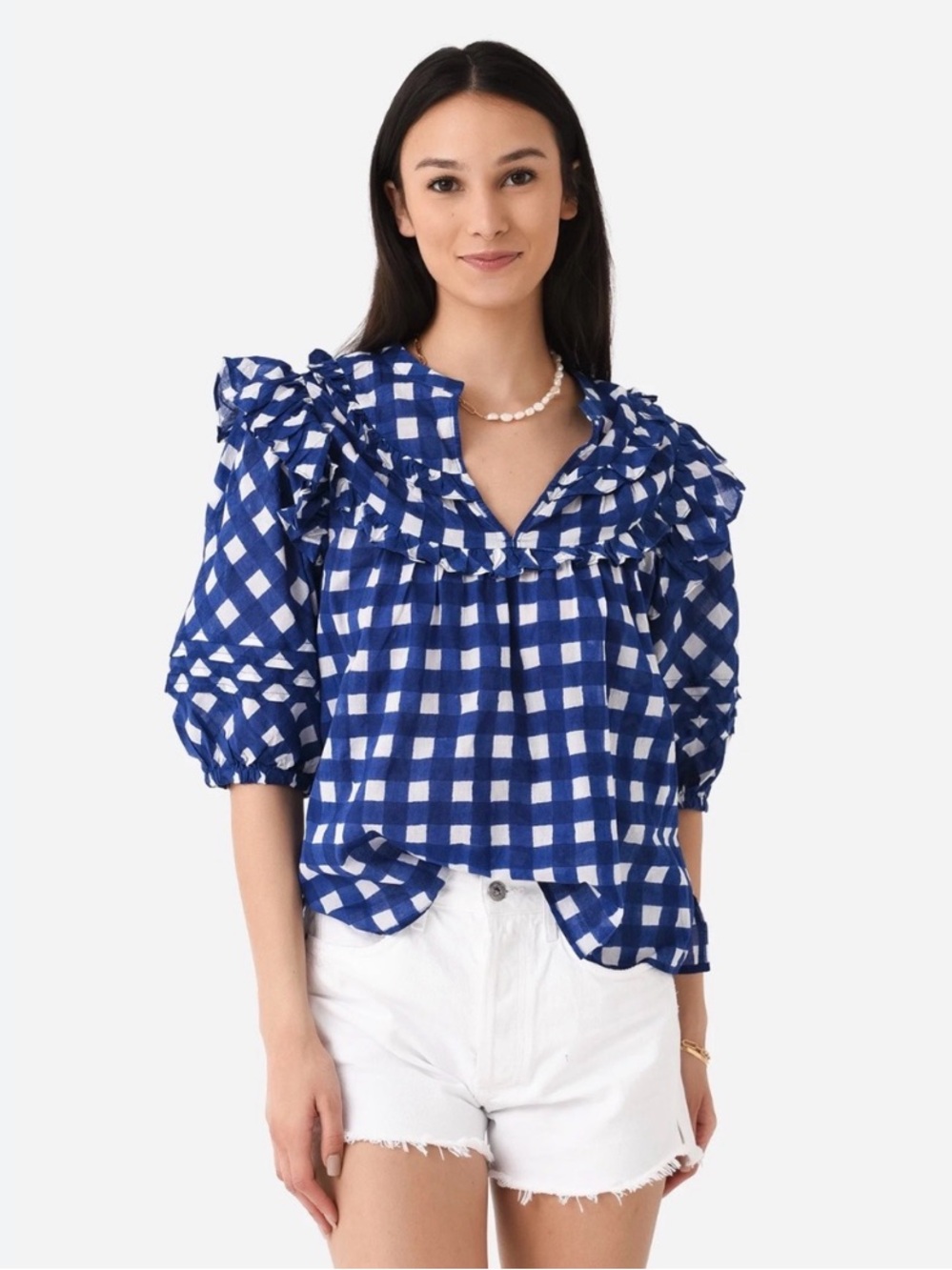 Cleobella Millie Blouse Size M Blue White Gingham Ruffle Organic Cotton